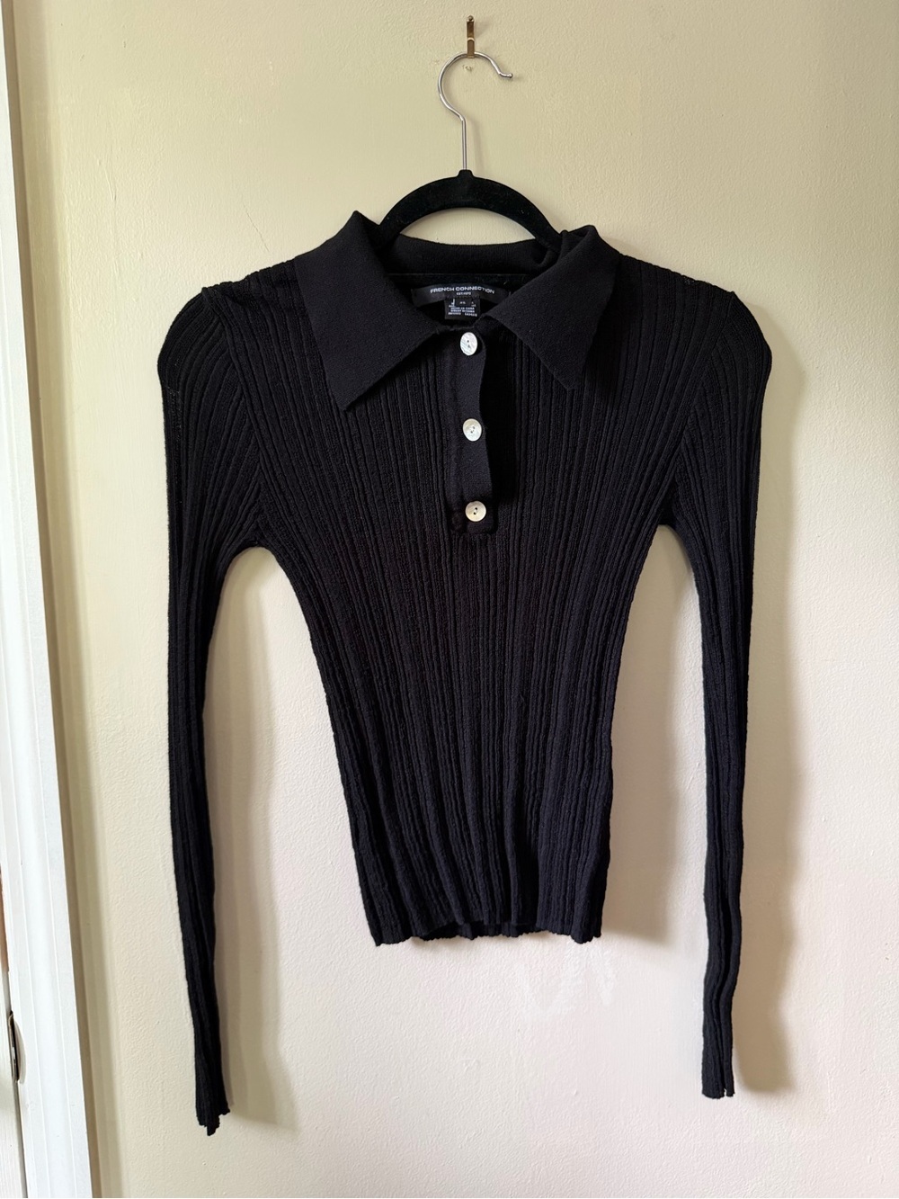 French Connection Black Ribbed collared Long-Sleeve Polo Top (fall trend)